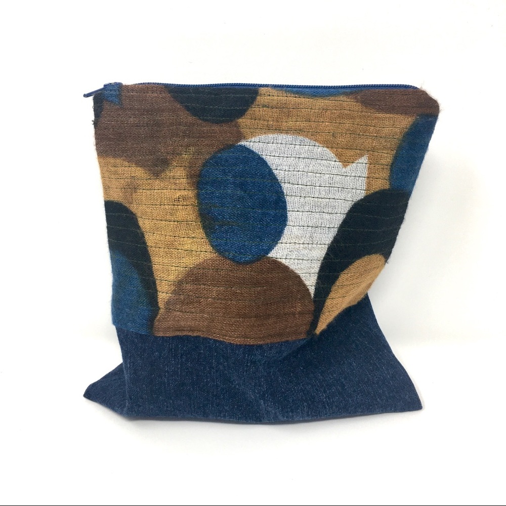 Upcycled Quilted Scarf and Denim Blue Red Floral Lined Zippered Pouch